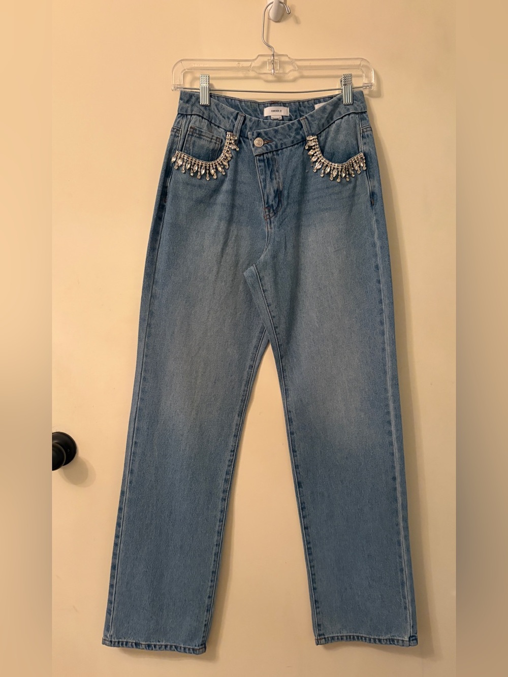 Denim and diamonds slant zip,straight leg jeans.NWOT
